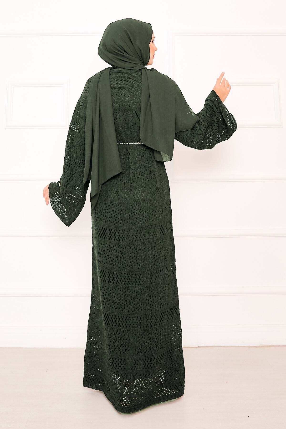 Textured Knit Dress with Honeycomb Pattern Khaki - Imagen 4