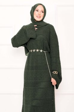 Alternative view of Textured Knit Dress with Honeycomb Pattern Khaki