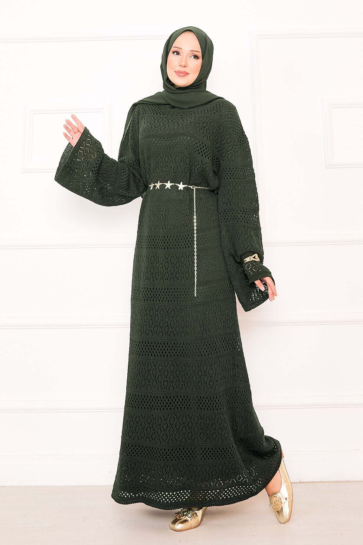 Textured Knit Dress with Honeycomb Pattern Khaki - Imagen 3