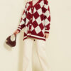 Plaid Pattern Buttoned Knit Cardigan Burgundy – Bild 2