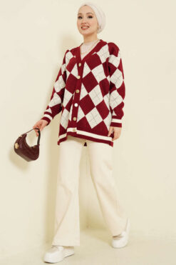 Alternative view of Plaid Pattern Buttoned Knit Cardigan Burgundy