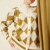 Plaid Pattern Buttoned Knit Cardigan Ecru