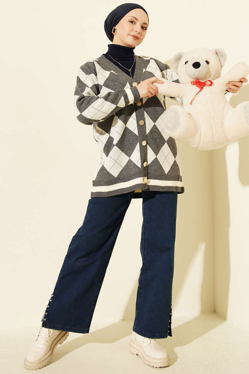 Plaid Pattern Buttoned Knit Cardigan Smoke - immagine 2