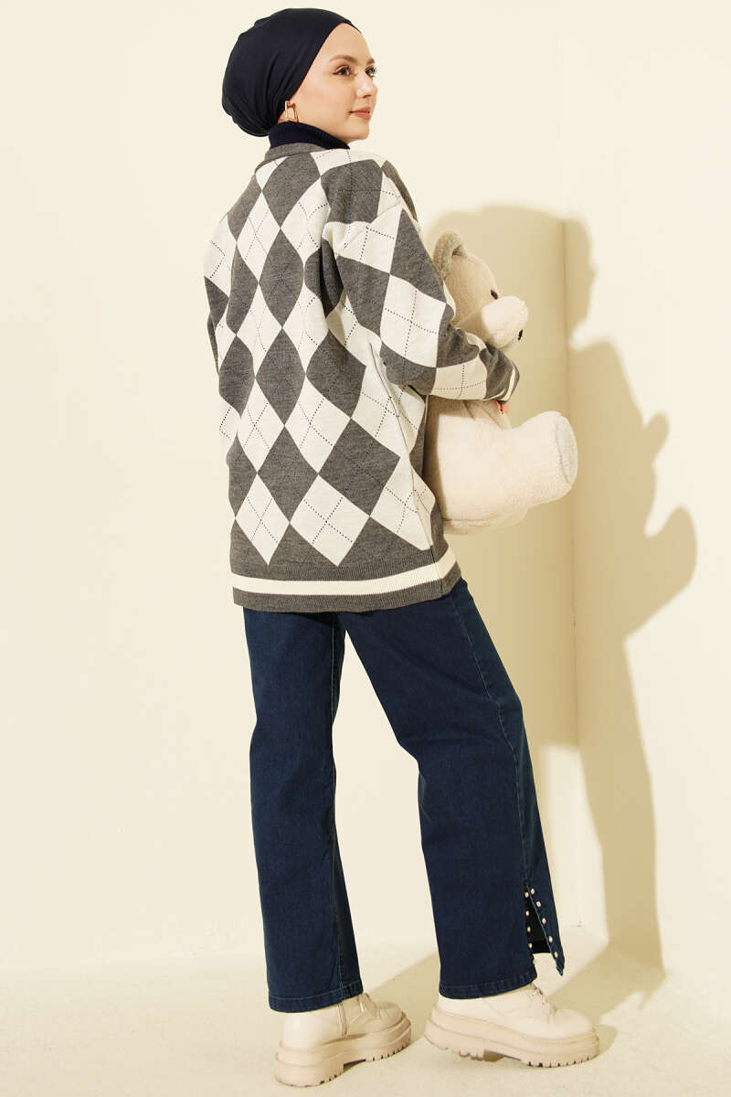 Plaid Pattern Buttoned Knit Cardigan Smoke - immagine 3