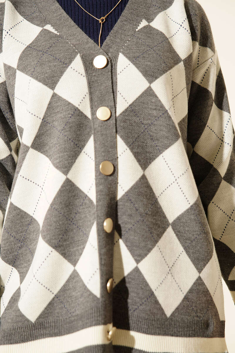 Plaid Pattern Buttoned Knit Cardigan Smoke - immagine 4