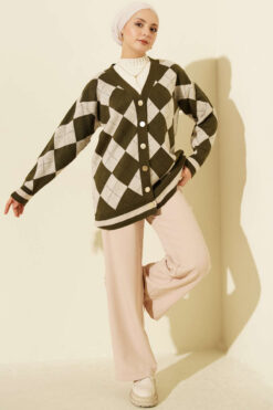 Alternative view of Plaid Pattern Buttoned Knit Cardigan Khaki
