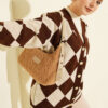 Plaid Pattern Buttoned Knit Cardigan Brown