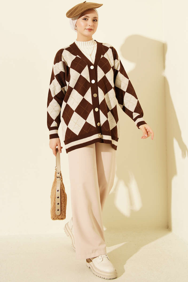 Plaid Pattern Buttoned Knit Cardigan Brown - immagine 2