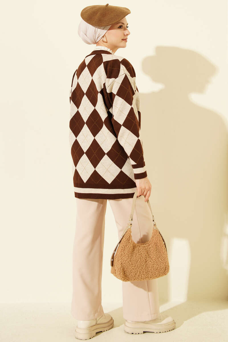 Plaid Pattern Buttoned Knit Cardigan Brown - immagine 3