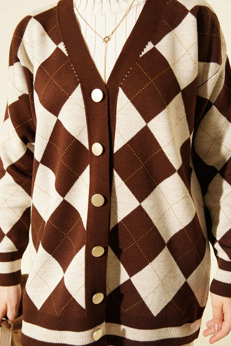 Plaid Pattern Buttoned Knit Cardigan Brown - immagine 4