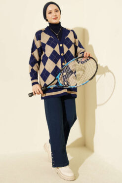 Alternative view of Plaid Pattern Buttoned Knit Cardigan Navy Blue