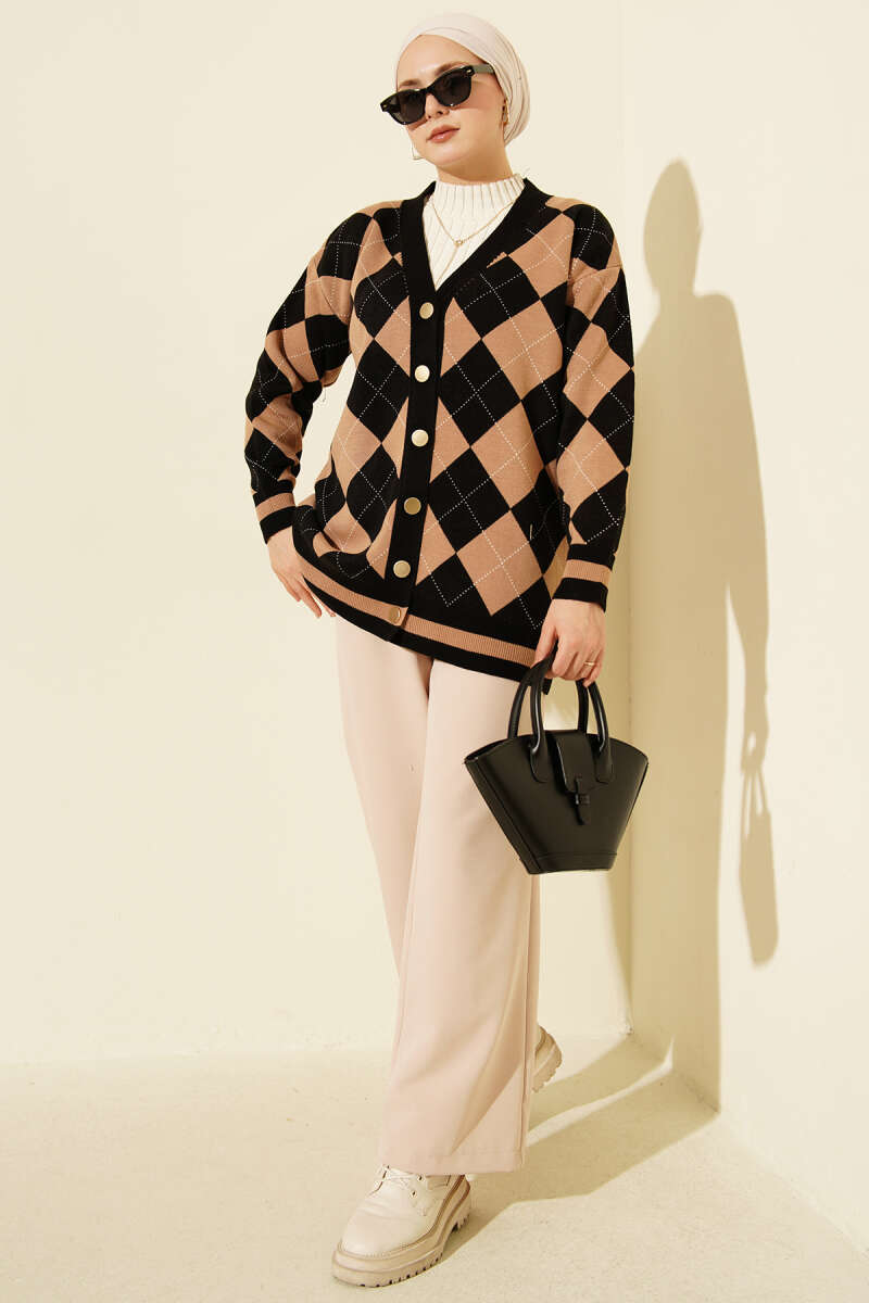 Plaid Pattern Buttoned Knit Cardigan Black - immagine 2