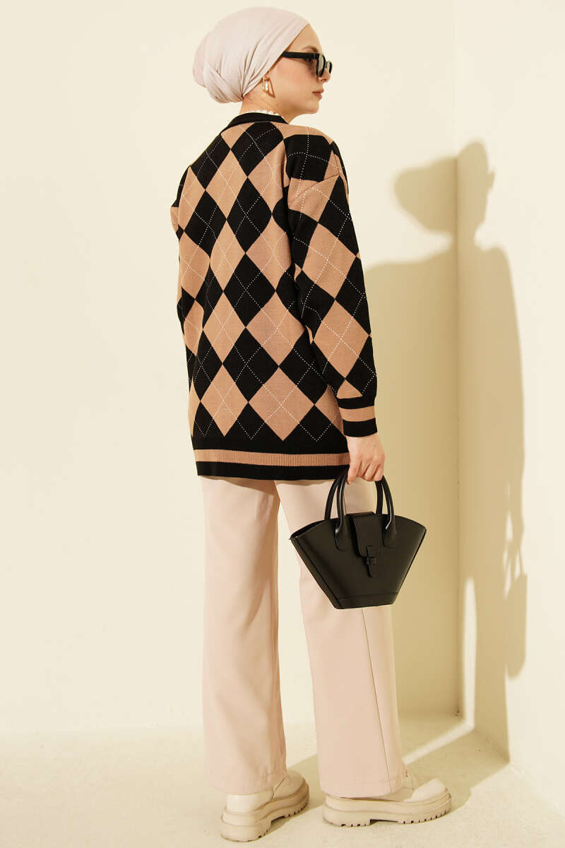 Plaid Pattern Buttoned Knit Cardigan Black - immagine 3