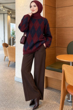 Alternative view of Casual Oversized Tunic with a Honeycomb Pattern Burgundy