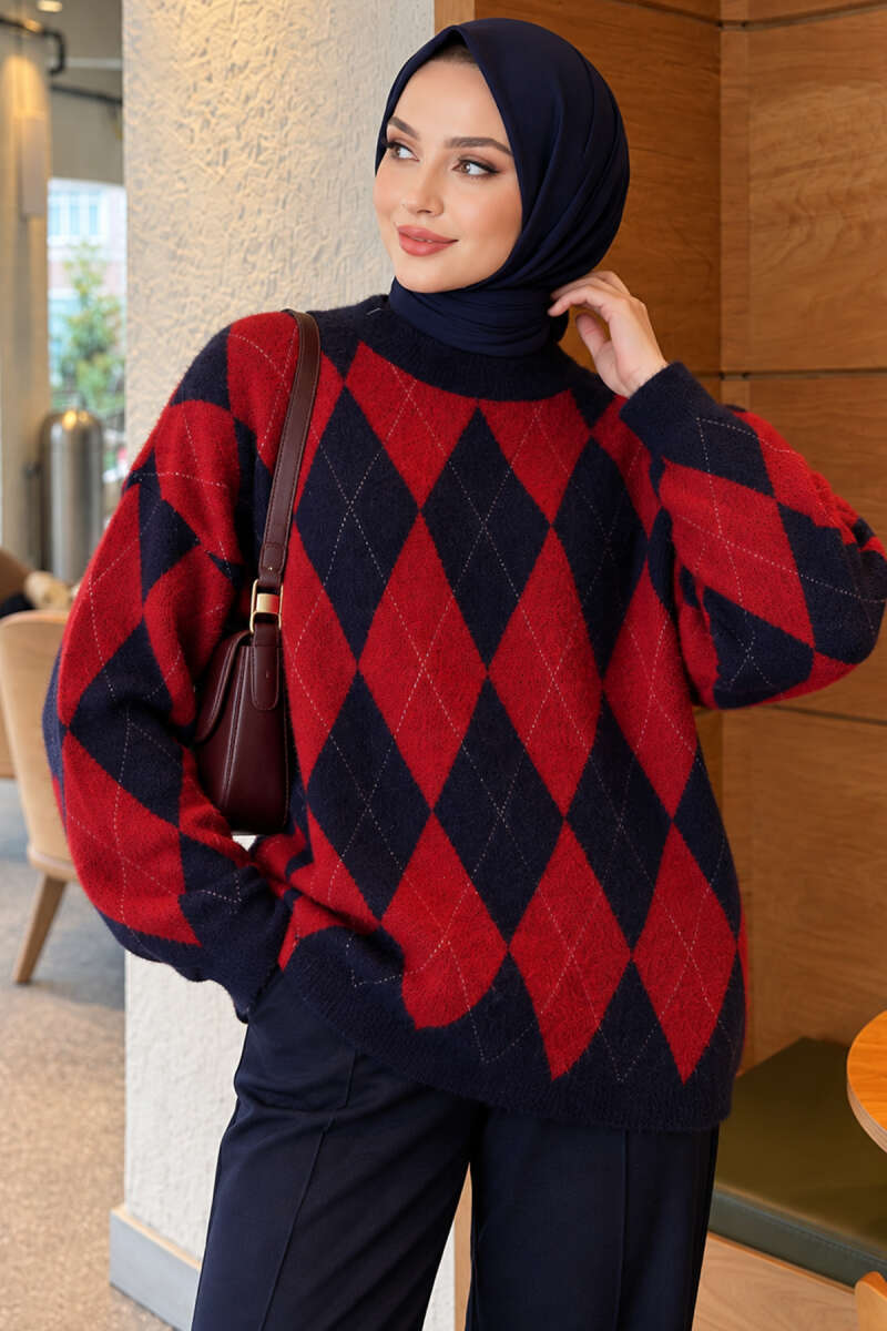 Casual Oversized Tunic with a Honeycomb Pattern Red