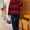 Casual Oversized Tunic with a Honeycomb Pattern Red – Bild 2