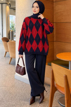 Alternative view of Casual Oversized Tunic with a Honeycomb Pattern Red