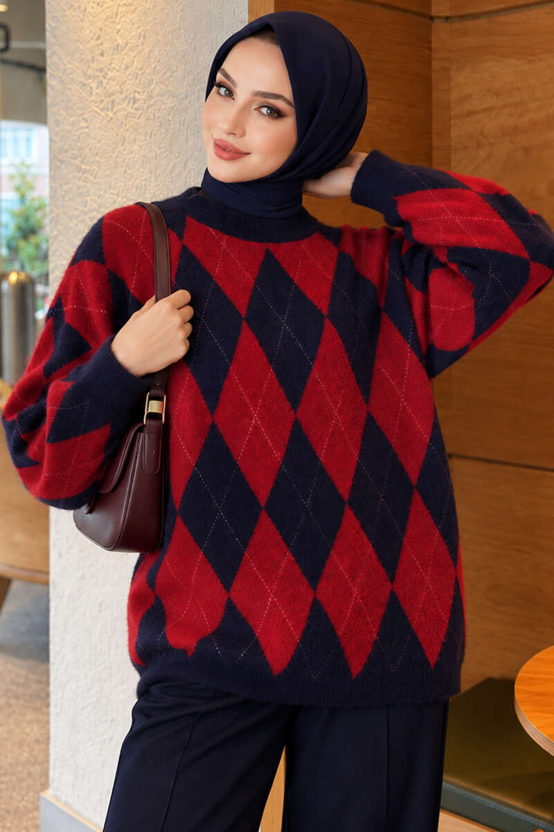 Casual Oversized Tunic with a Honeycomb Pattern Red – Bild 3