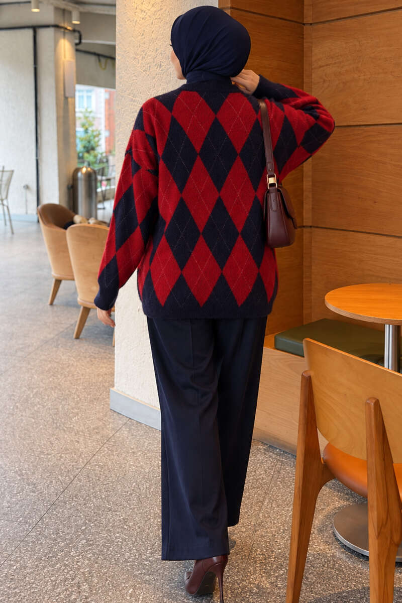 Casual Oversized Tunic with a Honeycomb Pattern Red – Bild 4