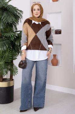 Alternative view of Diamond Pattern Knit Sweater Dark Brown
