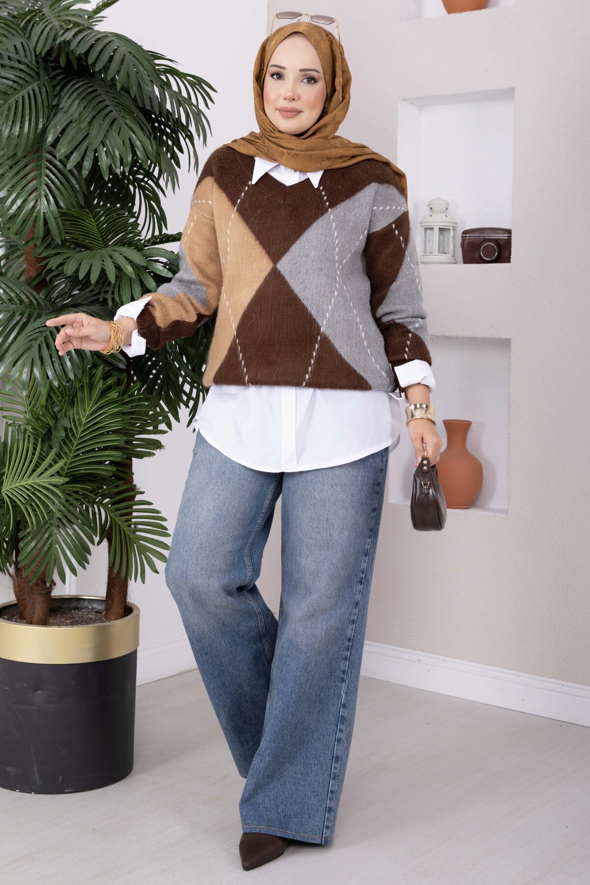 Diamond Pattern Knit Sweater Dark Brown – Bild 4