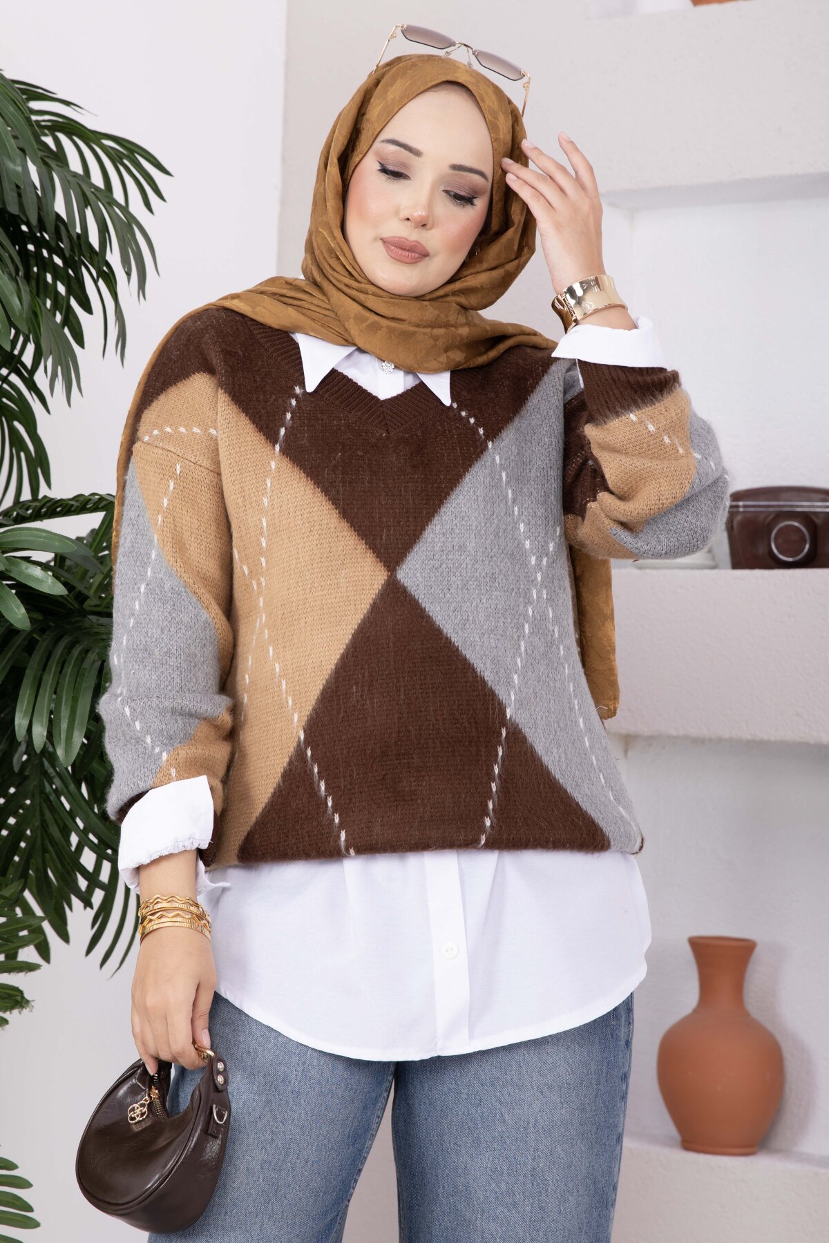 Diamond Pattern Knit Sweater Dark Brown – Bild 3