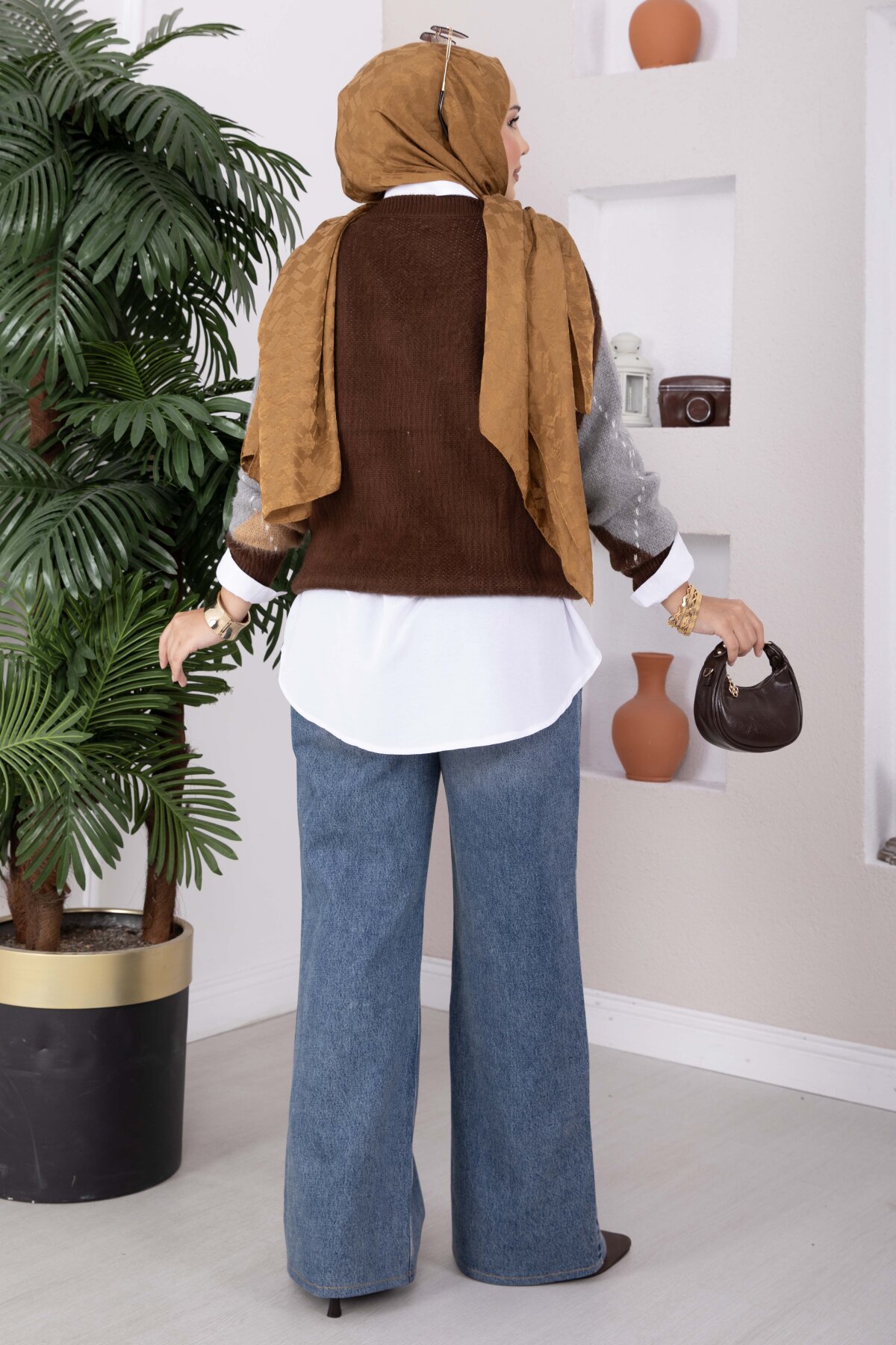 Diamond Pattern Knit Sweater Dark Brown – Bild 5