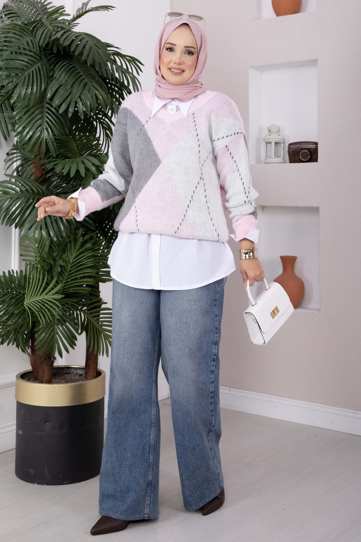 Diamond Pattern Knit Sweater Powder Pink – Bild 3