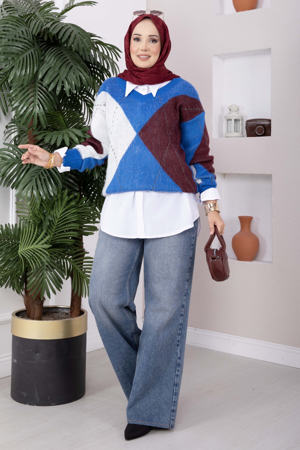 Diamond Pattern Knit Sweater Saxon Blue – Bild 2