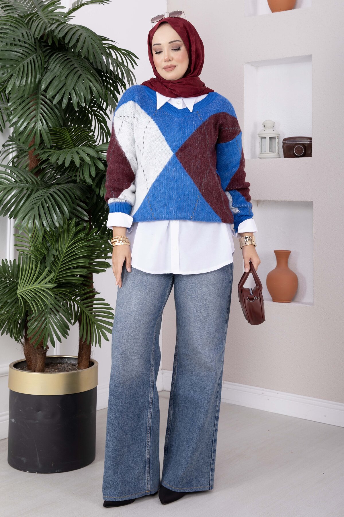 Diamond Pattern Knit Sweater Saxon Blue – Bild 3