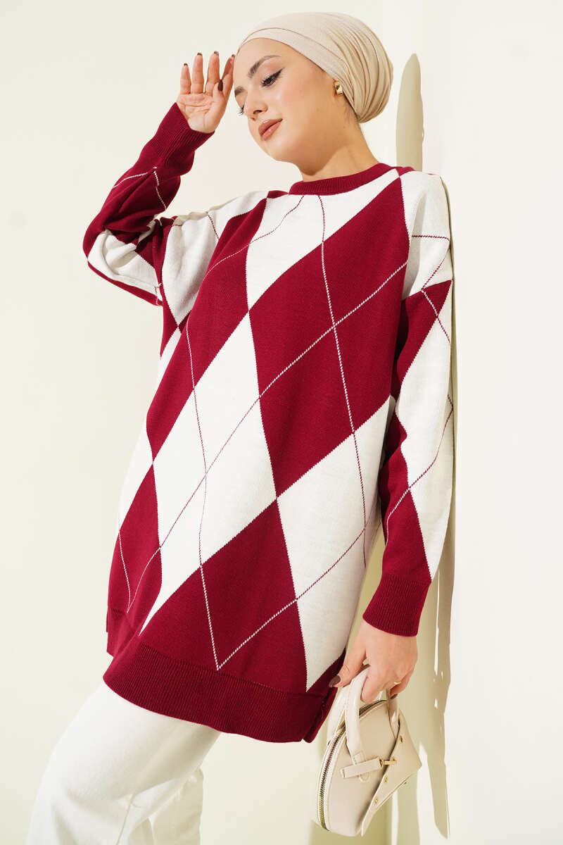 Basic Knit Tunic with Baklava Pattern Burgundy