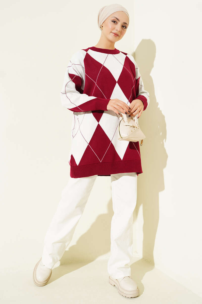 Basic Knit Tunic with Baklava Pattern Burgundy - immagine 2