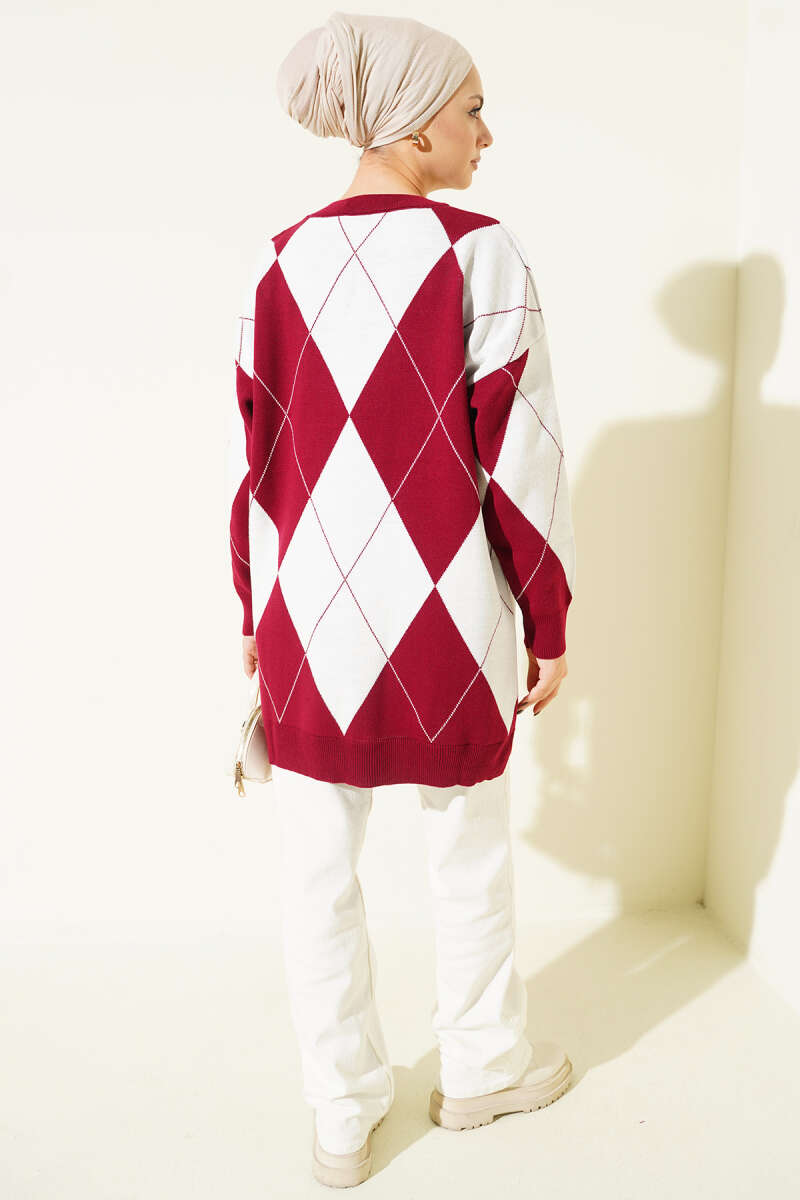 Basic Knit Tunic with Baklava Pattern Burgundy - immagine 3
