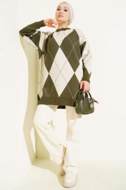 Alternative view of Basic Knit Tunic with Baklava Pattern Khaki