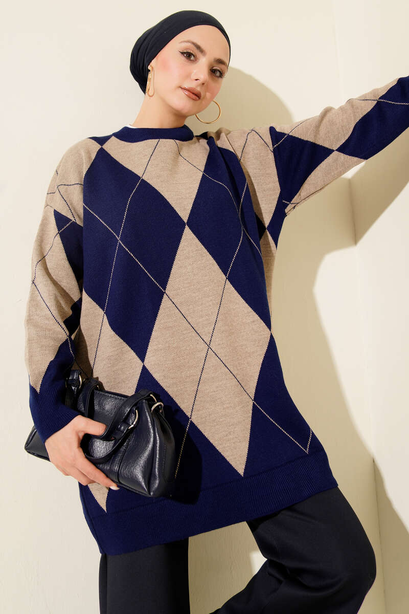 Basic Knit Tunic with Baklava Pattern Saxon Blue