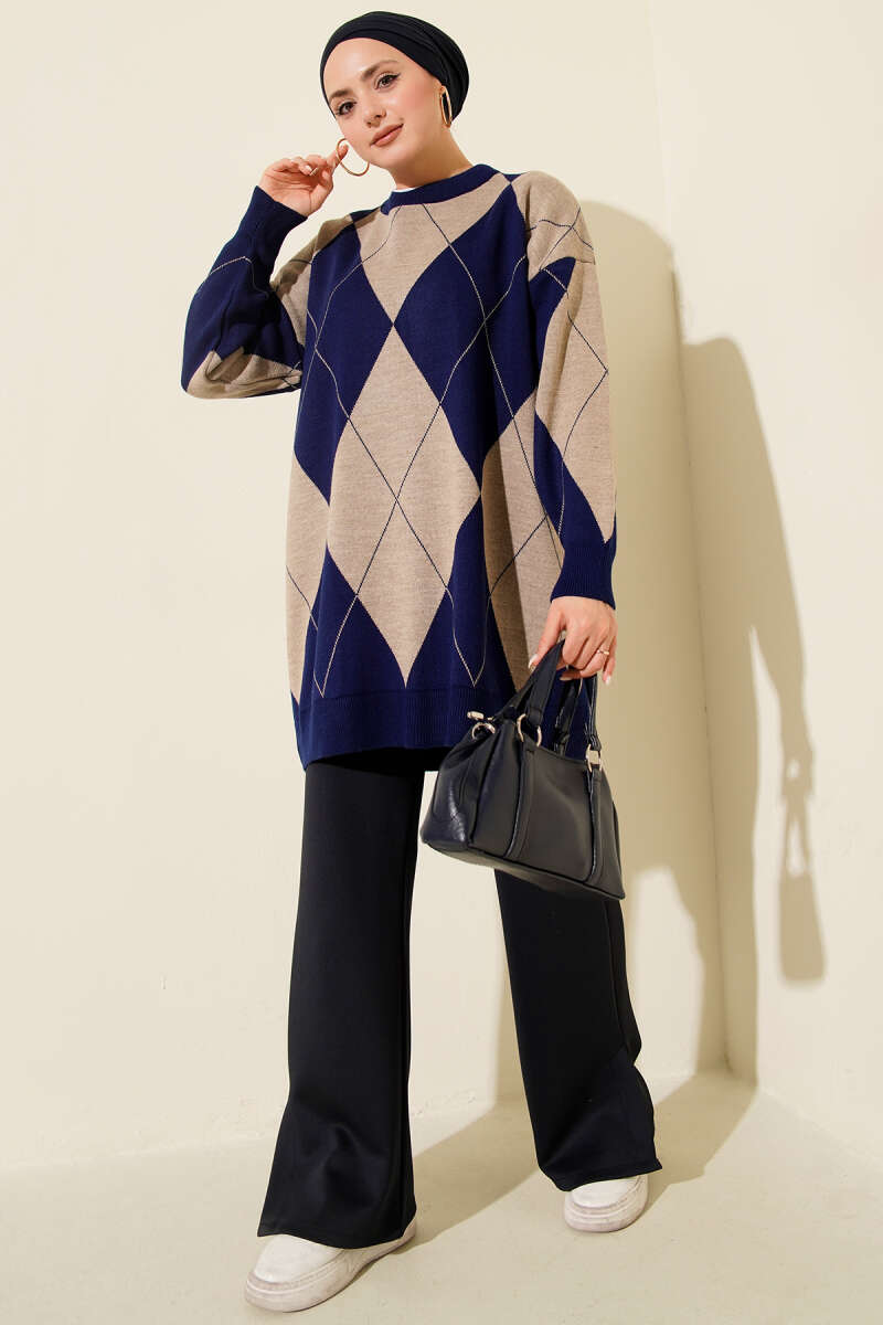 Basic Knit Tunic with Baklava Pattern Saxon Blue - immagine 2