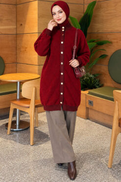 Alternative view of Patterned Buttoned Cardigan with Ribbed Hem Burgundy