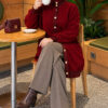 Patterned Buttoned Cardigan with Ribbed Hem Burgundy - Image 3