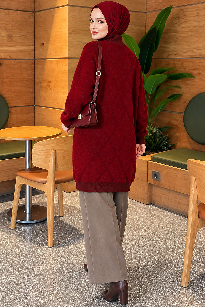 Patterned Buttoned Cardigan with Ribbed Hem Burgundy - Image 4