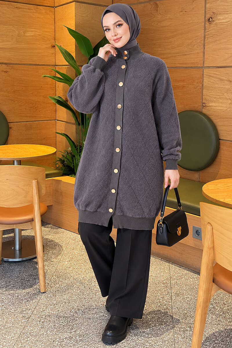 Patterned Buttoned Cardigan with Ribbed Hem Smoke – Bild 2