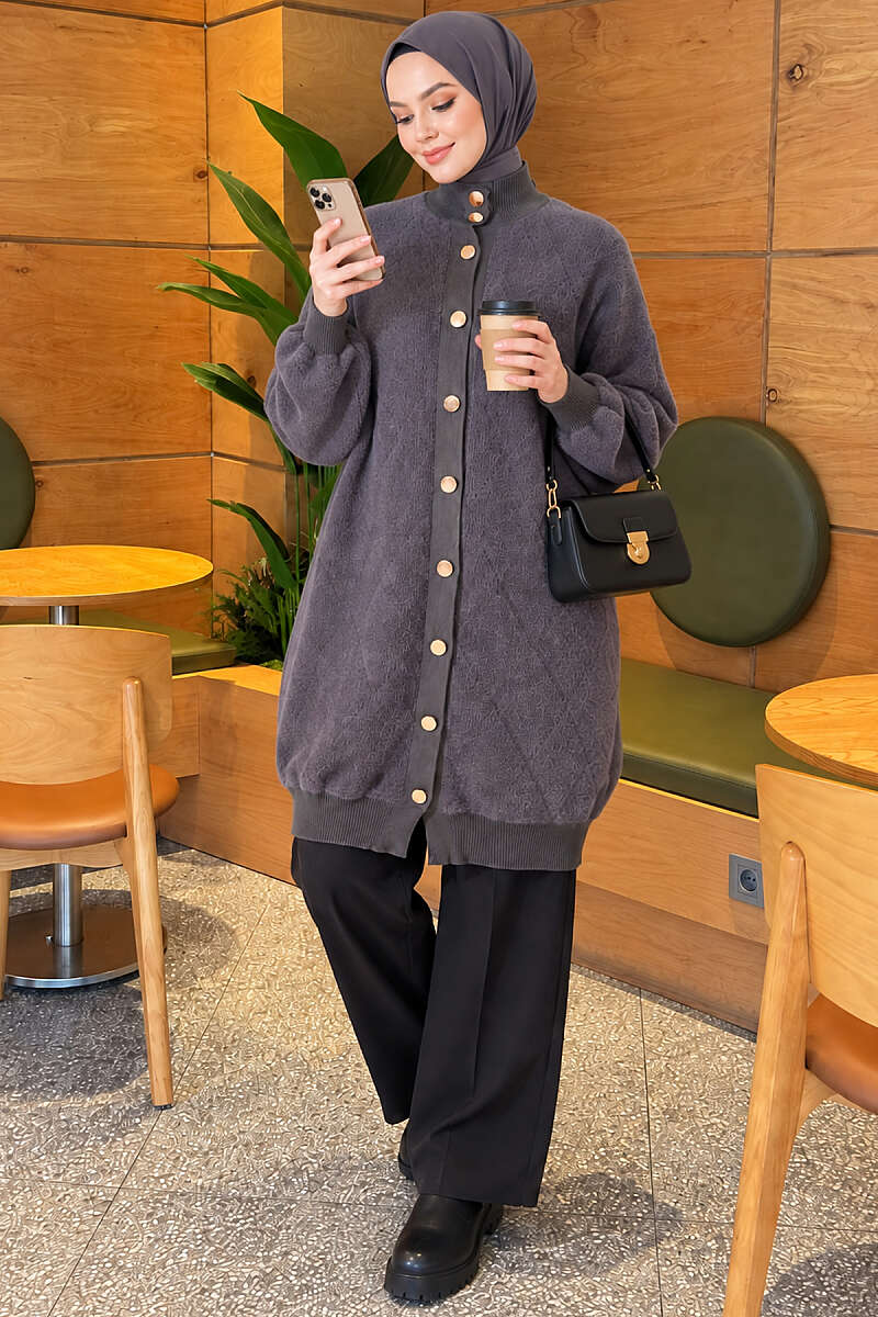 Patterned Buttoned Cardigan with Ribbed Hem Smoke – Bild 3