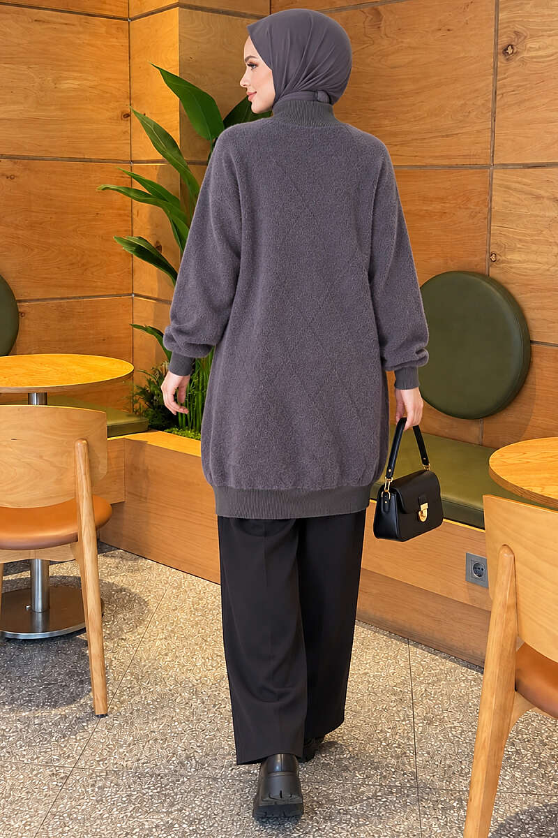 Patterned Buttoned Cardigan with Ribbed Hem Smoke – Bild 4