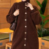 Patterned Buttoned Cardigan with Ribbed Hem Brown