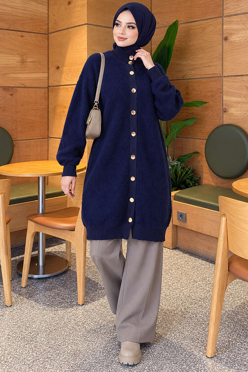 Patterned Buttoned Cardigan with Ribbed Hem Navy Blue - Imagen 2