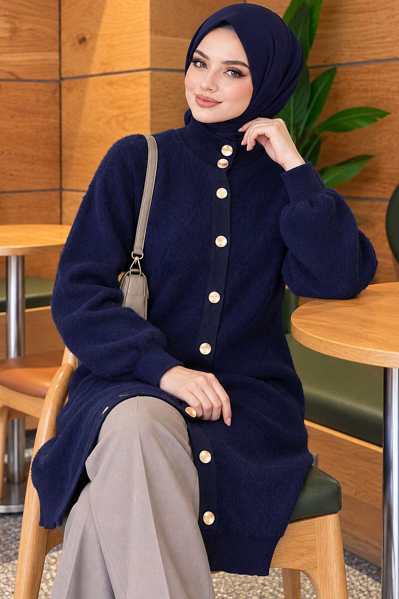 Patterned Buttoned Cardigan with Ribbed Hem Navy Blue - Imagen 3