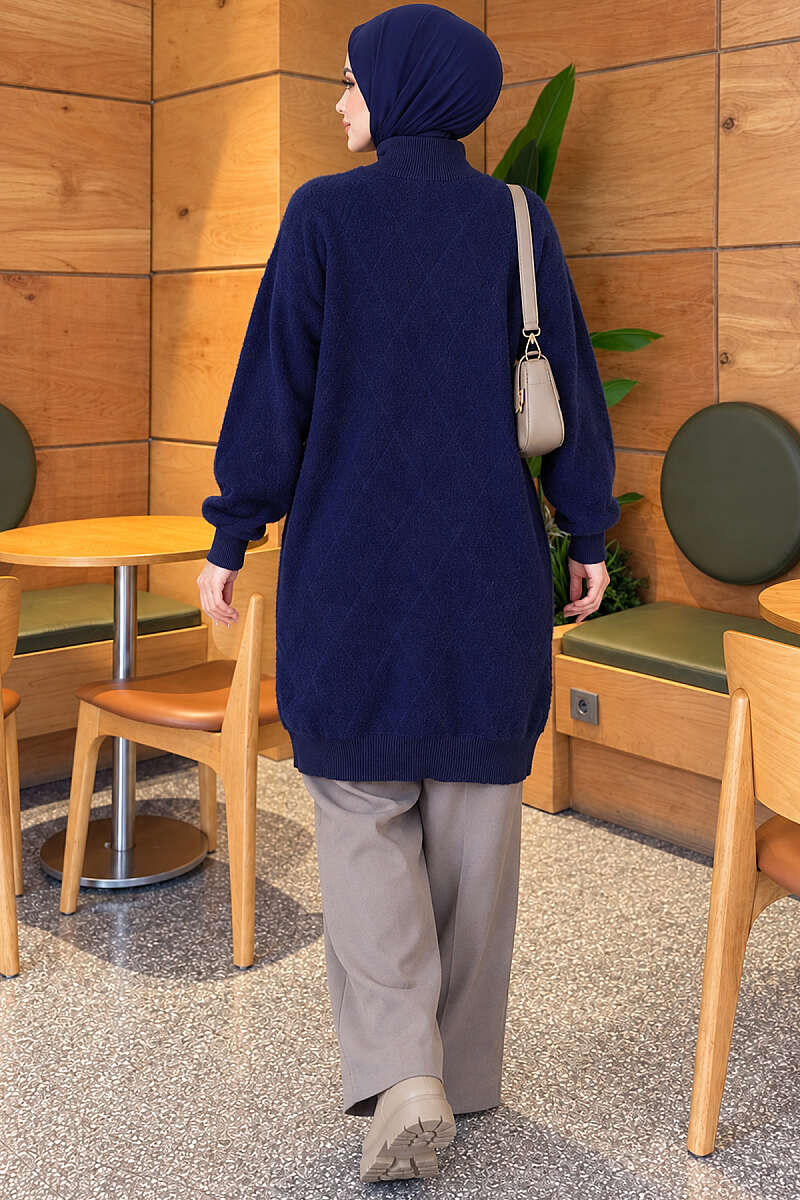 Patterned Buttoned Cardigan with Ribbed Hem Navy Blue - Imagen 4