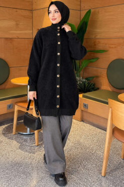 Alternative view of Patterned Buttoned Cardigan with Ribbed Hem Black