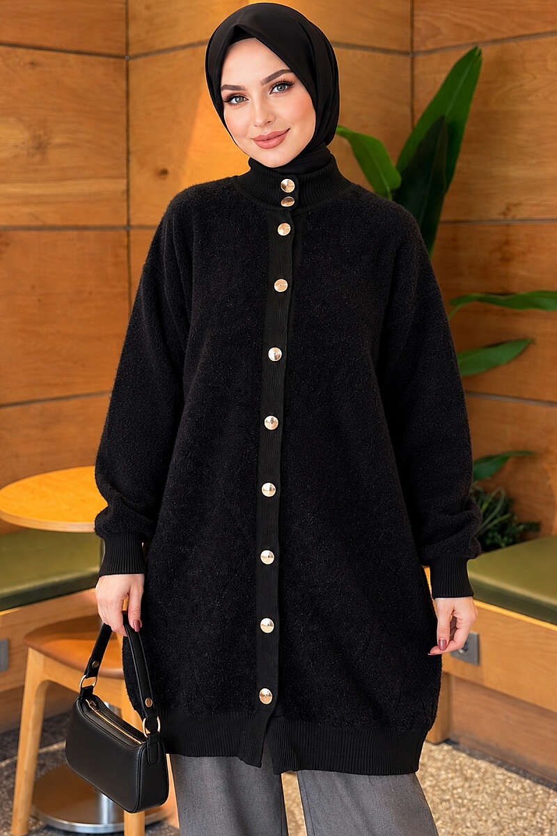 Patterned Buttoned Cardigan with Ribbed Hem Black - الصورة 3