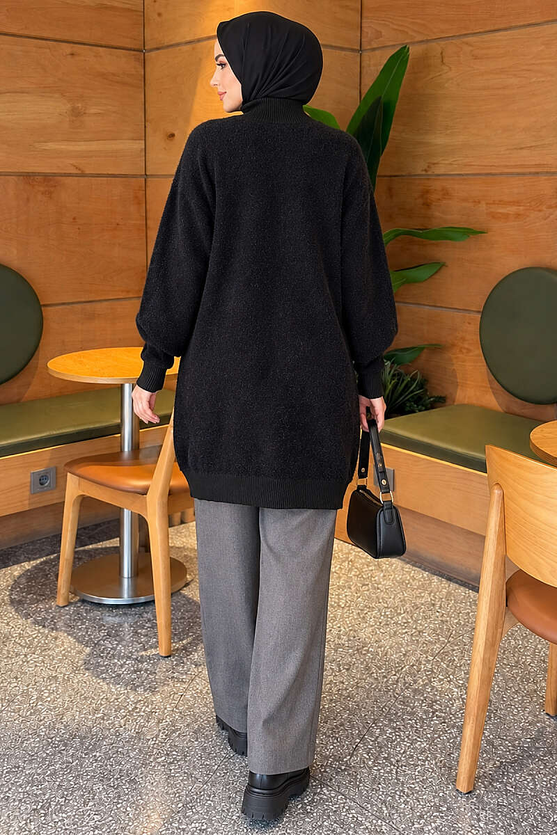 Patterned Buttoned Cardigan with Ribbed Hem Black - الصورة 4