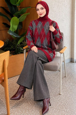 Honeycomb Pattern Knit Two-Piece Set Burgundy